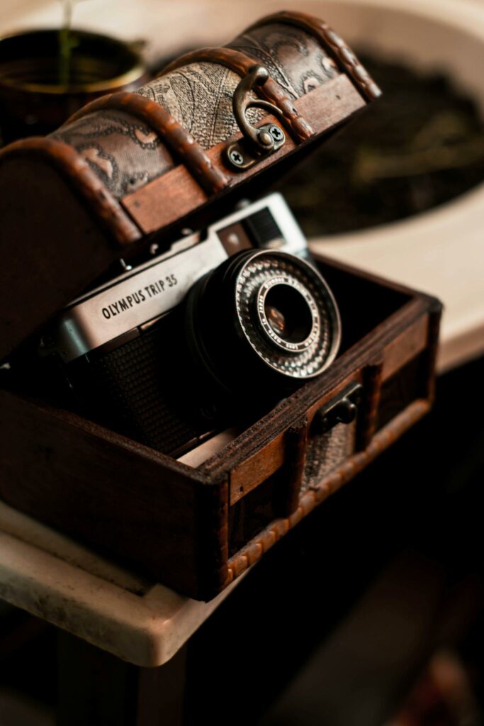 Retro photo camera in classic chest